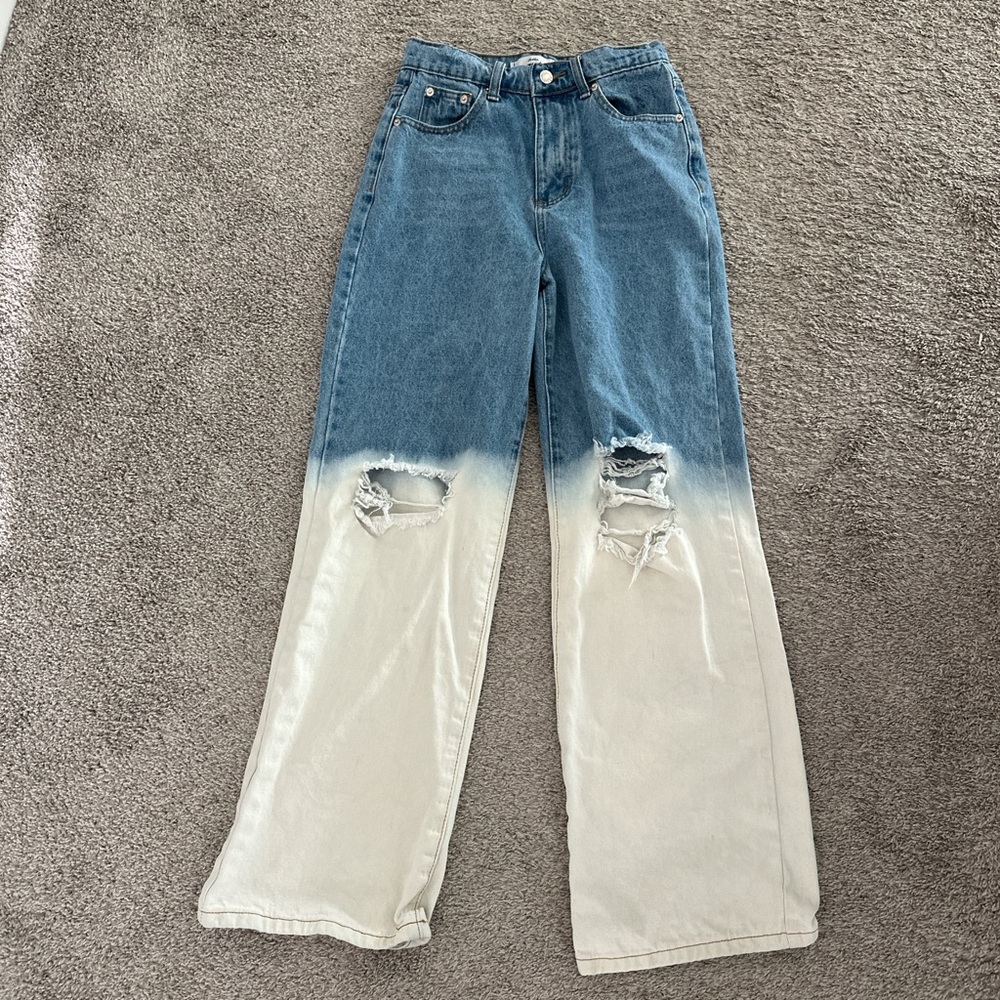 Adika Two-Tone Blue and Off White Distressed Wide-Leg Jeans